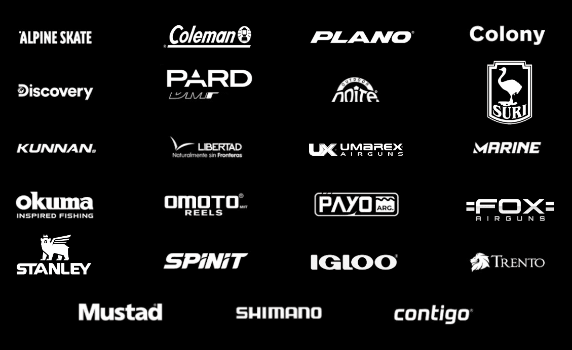 Marcas: Alpine Skate, Coleman, Plano, Colony, Discovery, PARD, DMF, Outdoor Noire, Suri, Kunnan, Libertad, Umarex Airguns, Marine, Okuma, Omoto, Payo, Fox Airguns, Stanley, Spinit, Igloo, Trento, Mustad, Shimano, Contigo