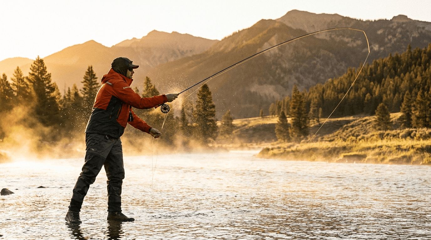Pescador lanzando en río de montaña al amanecer