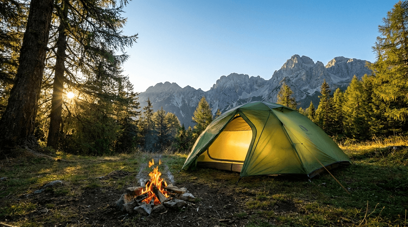 Campamento outdoor con carpa y fogón frente a la montaña